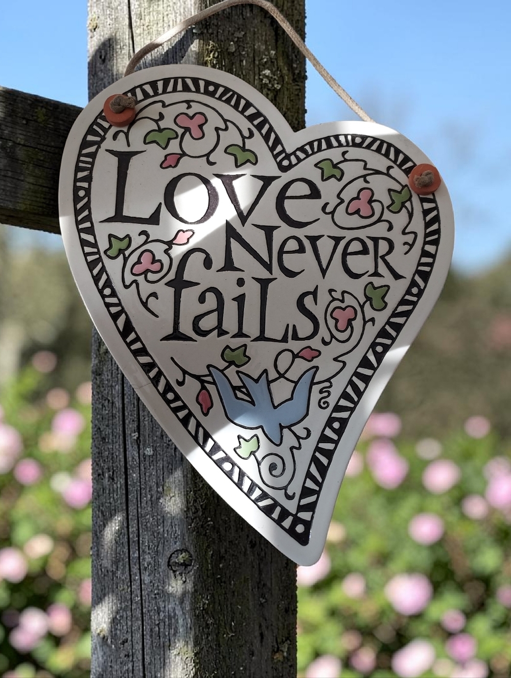 Spooner Creek Ceramic Tile Heart  “Love Never Fails” Wall Plaque